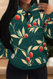 Black Casual Street Fruit Print Draw String Pocket Contrast Hooded Tops