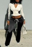 Black Casual Draw String Patchwork Zipper Contrast Zipper Collar Long Sleeve Two Pieces
