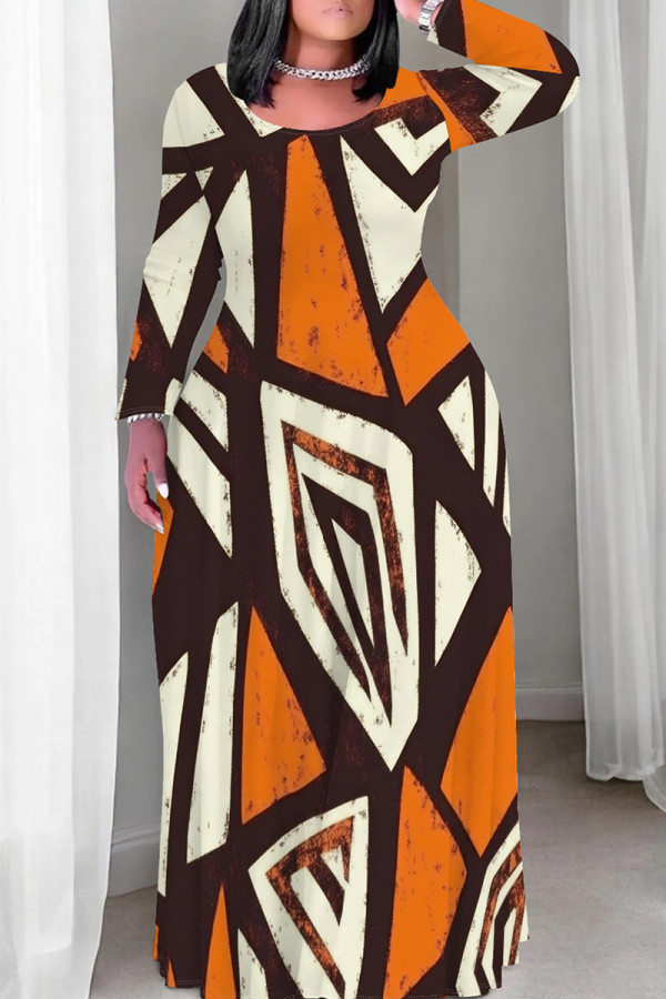Brown Orange Casual Print Patchwork O Neck Long Plus Size Dresses