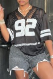 White Casual Digital Print Lace Patchwork V Neck T-Shirts