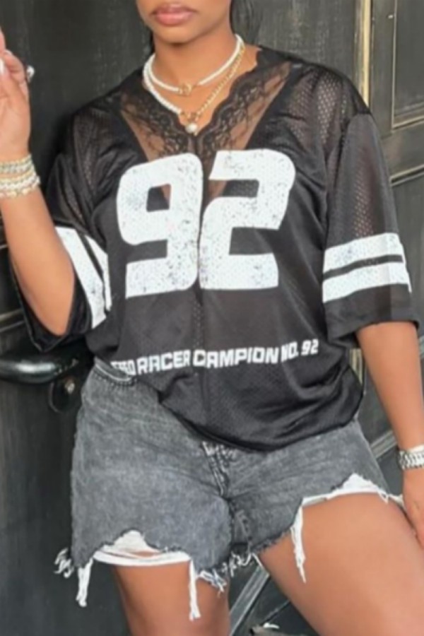 Black Casual Digital Print Lace Patchwork V Neck T-Shirts