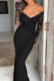 Black Elegant Solid Color Lace Patchwork Backless Off Shoulder Long Dresses