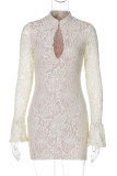 Light Yellow Sexy Solid Color Lace Hollow Out Patchwork O Neck Wrapped Skirt Dresses