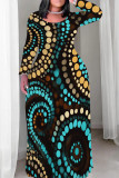 Black Yellow Casual Print Patchwork O Neck Long Plus Size Dresses