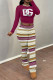 Rose Purple Casual Street Plaid Polka Dot Letter Print Stripe Contrast O Neck Long Sleeve Two Pieces