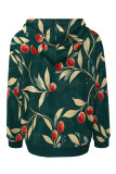 Black Casual Street Fruit Print Draw String Pocket Contrast Hooded Tops