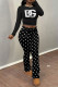 Black Casual Street Plaid Polka Dot Letter Print Stripe Contrast O Neck Long Sleeve Two Pieces
