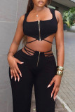 Black Casual Solid Color Hollow Out Patchwork Cross Straps Zipper Zipper Collar Two Pieces