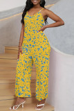 Multi-color Casual Street Geometric Print Pocket Belted Contrast V Neck Loose Jumpsuits