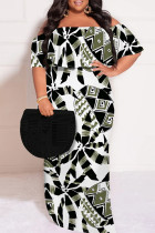 White Sexy Plaid Floral Print Letters Ruffle Contrast Off Shoulder Printed Plus Size Dresses