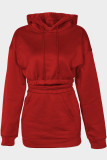 Red Casual Solid Color Pocket Hooded Long Sleeve Two Pieces