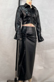 Camel Casual Solid Color Buckle Patchwork Ruched Turndown Collar Long Sleeve Two Pieces