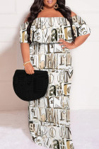 Multicolor Sexy Plaid Floral Print Letters Ruffle Contrast Off Shoulder Printed Plus Size Dresses