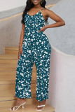 Multi-color Casual Street Geometric Print Pocket Belted Contrast V Neck Loose Jumpsuits