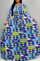 Blue Purple Casual Print Patchwork Strap Design O Neck Long Dresses