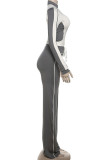 Black Casual Draw String Patchwork Zipper Contrast Zipper Collar Long Sleeve Two Pieces