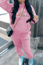 Pink Casual Print Draw String Pocket Patchwork Hooded Long Sleeve Two Pieces