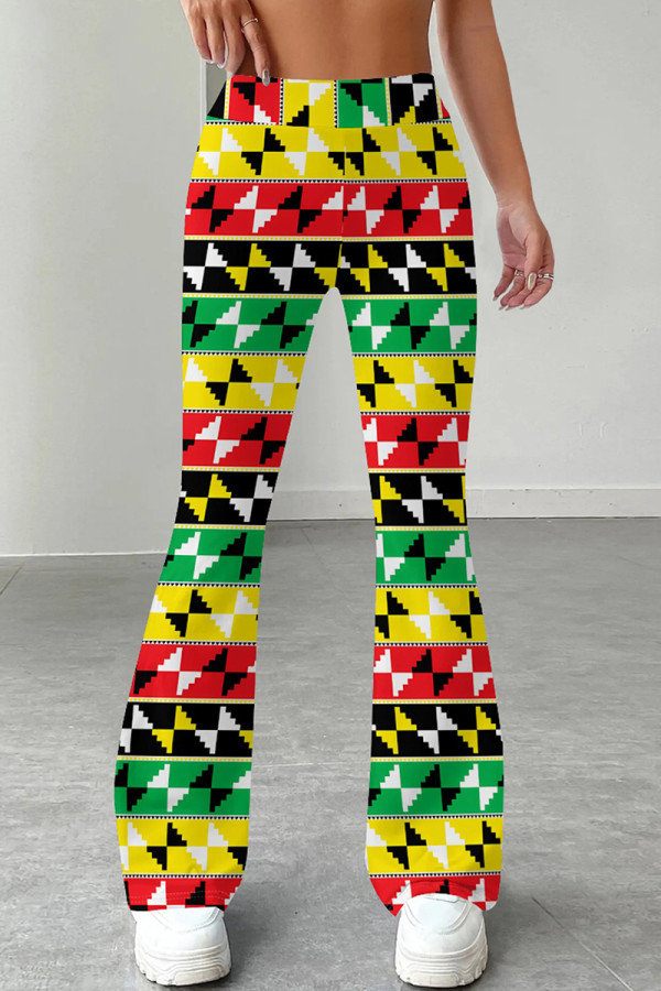 Red Yellow Casual Print Patchwork Regular Mid Waist Speaker Full Print Bottoms