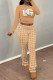 Light Khaki Casual Street Plaid Polka Dot Letter Print Stripe Contrast O Neck Long Sleeve Two Pieces