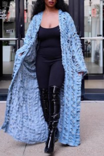 Light Blue Casual Solid Color Ripped Cardigan Long Sleeve Regular Denim Jacket