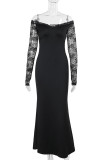 Black Elegant Solid Color Lace Patchwork Backless Off Shoulder Long Dresses