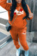 Orange Casual Print Draw String Pocket Patchwork Hooded Long Sleeve Two Pieces