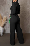 Black Casual Solid Color Buttons Patchwork Turndown Collar Regular Jumpsuits