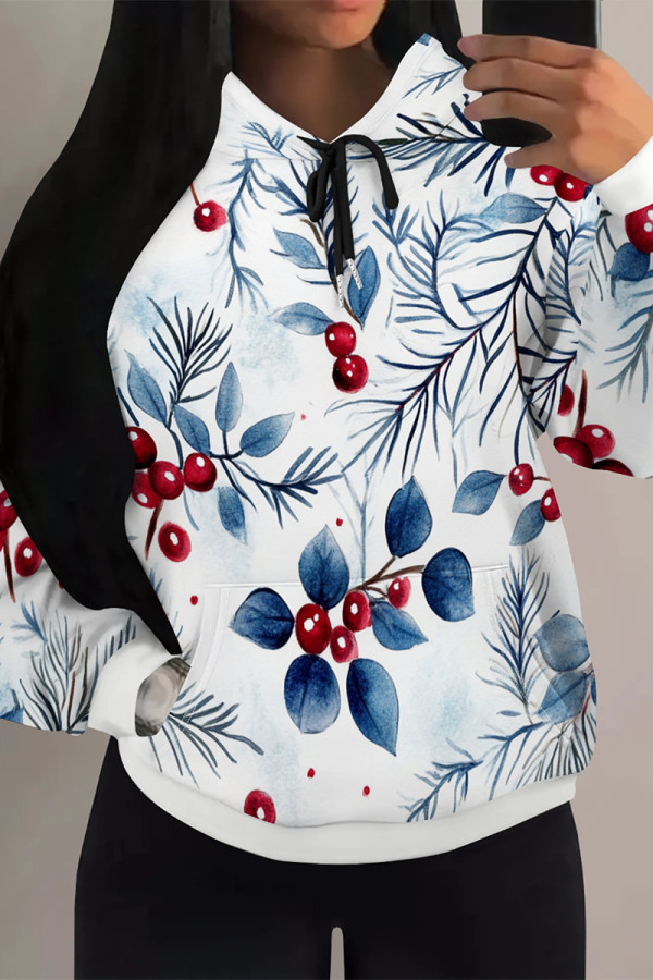White Blue Casual Street Fruit Print Draw String Pocket Contrast Hooded Tops