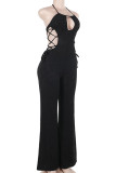 Black Casual Solid Color Hollow Out Patchwork Backless Halter Regular Jumpsuits