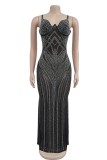 Apricot Sexy Elegant Patchwork Hot Drilling Backless Spaghetti Strap Long Dresses