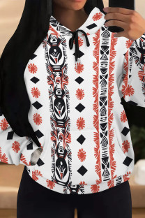 White Red Casual Print Draw String Pocket Patchwork Hooded Tops