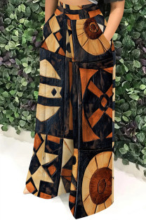Black Brown Casual Print Pocket Patchwork Loose High Waist Wide Leg Full Print Bottoms