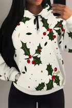 Cream White Casual Street Fruit Print Draw String Pocket Contrast Hooded Tops
