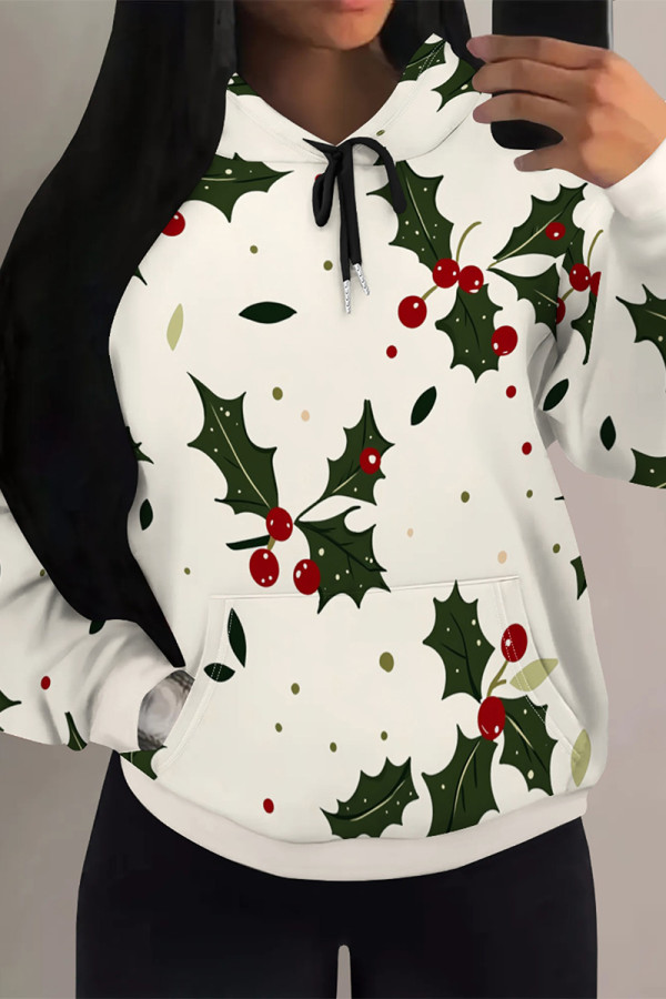 Cream White Casual Street Fruit Print Draw String Pocket Contrast Hooded Tops