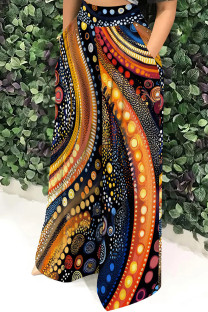 Orange Casual Print Pocket Patchwork Loose High Waist Wide Leg Full Print Bottoms
