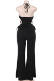Black Casual Solid Color Hollow Out Patchwork Backless Halter Regular Jumpsuits