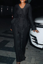 Black Casual Solid Color Patchwork Ruffled Trim U Neck Long Dresses