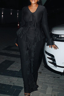 Black Casual Solid Color Patchwork Ruffled Trim U Neck Long Dresses
