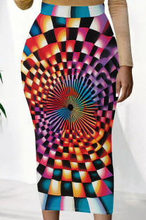 Orange Purple Casual Print Patchwork Regular Mid Waist Full Print Bottoms