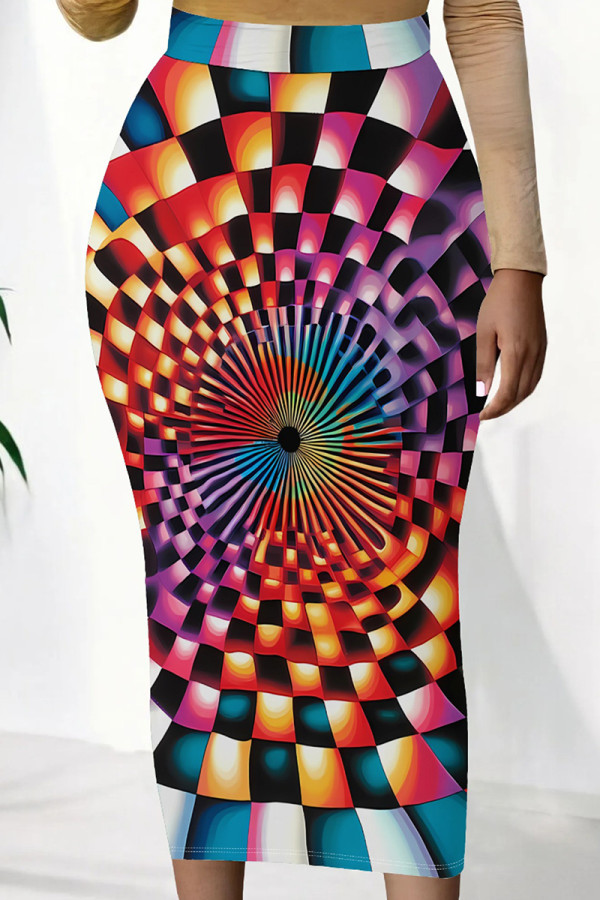 Orange Purple Casual Print Patchwork Regular Mid Waist Full Print Bottoms
