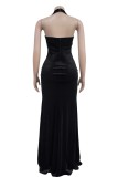 Black Sexy Hot Solid Color Backless Slit Belted Halter Long Dresses