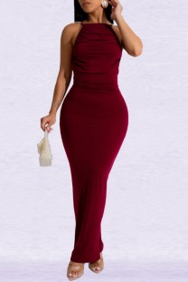 Burgundy Sexy Elegant Solid Color Backless Slit Pearls Decor Spaghetti Strap Long Dresses