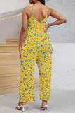 Multi-color Casual Street Geometric Print Pocket Belted Contrast V Neck Loose Jumpsuits
