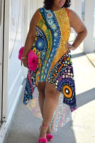 Blue Yellow Casual Print Patchwork O Neck Irregular Plus Size Dresses