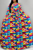 Red Blue Casual Print Patchwork Strap Design O Neck Long Dresses
