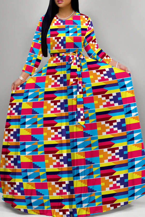 Red Blue Casual Print Patchwork Strap Design O Neck Long Dresses