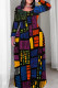 Blue Purple Casual Print Patchwork O Neck Long Plus Size Dresses