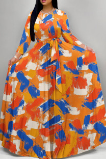 Orange Blue Casual Print Patchwork Strap Design O Neck Long Dresses