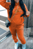 Orange Casual Print Draw String Pocket Patchwork Hooded Long Sleeve Two Pieces