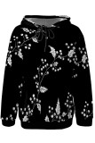 Black Casual Street Fruit Print Draw String Pocket Contrast Hooded Tops
